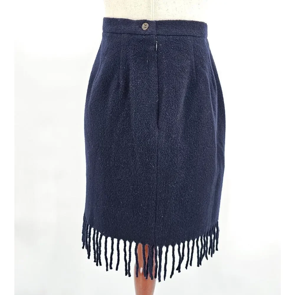 Vintage Theo Miles Women's 10 Navy Blue Wool and Cashmere Fringe Short Skirt